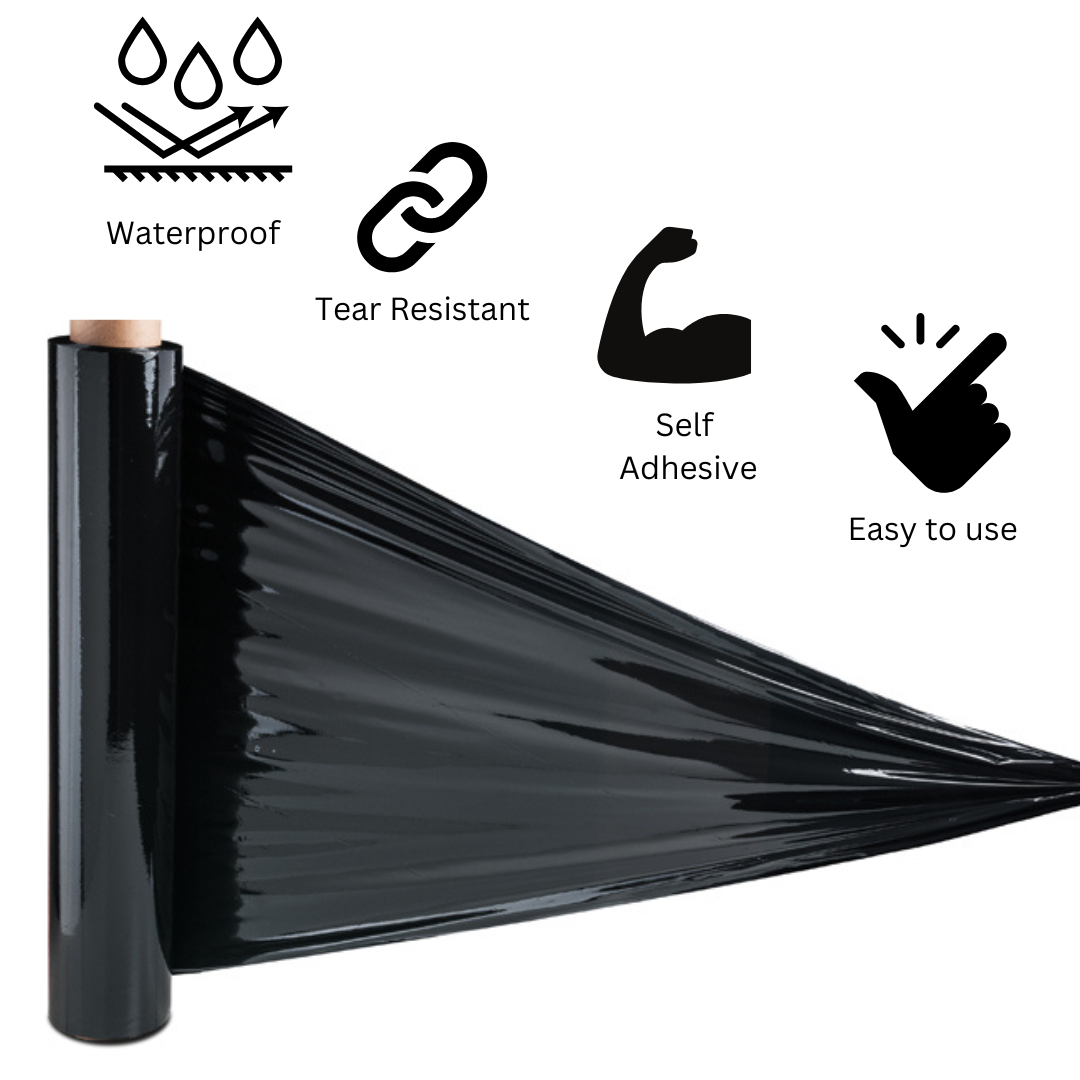 Pallet Wrap Stretch Film – Black, 18" x 20 Micron – Heavy Duty Hand Shrink Wrap, 4 Rolls