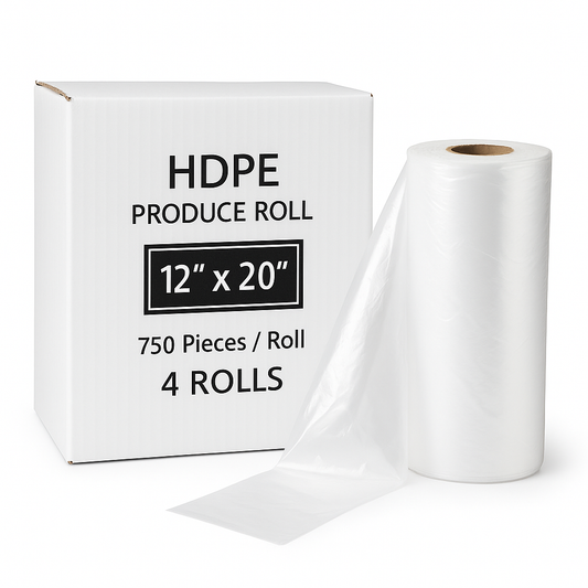 HDPE produce bags roll, 12x20 produce roll, clear produce bags 3000, grocery produce bags, perforated roll bags, market veggie bags, food service bag roll, 4 rolls 750 each.