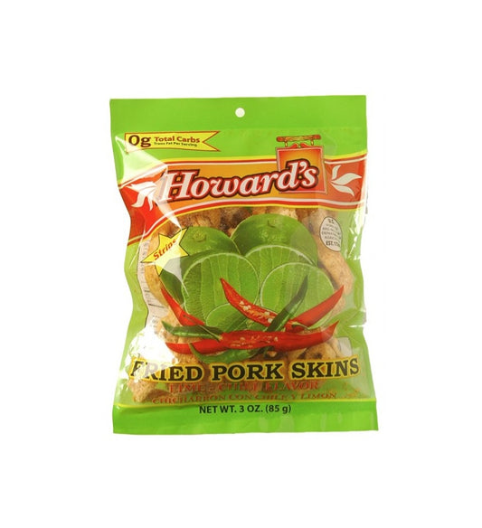 HOWARD'S LIME CHILI FLAVOR FRIED PORK SKINS STRIPS, 3 OZ BAGS – 6 PACK
