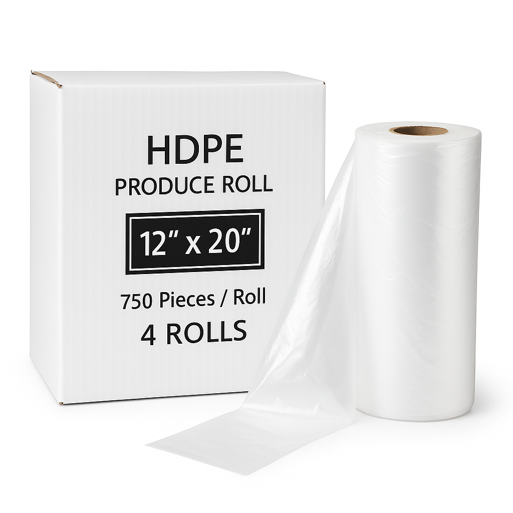 HDPE produce bags roll, 12x20 produce roll, clear produce bags 3000, grocery produce bags, perforated roll bags, market veggie bags, food service bag roll, 4 rolls 750 each.